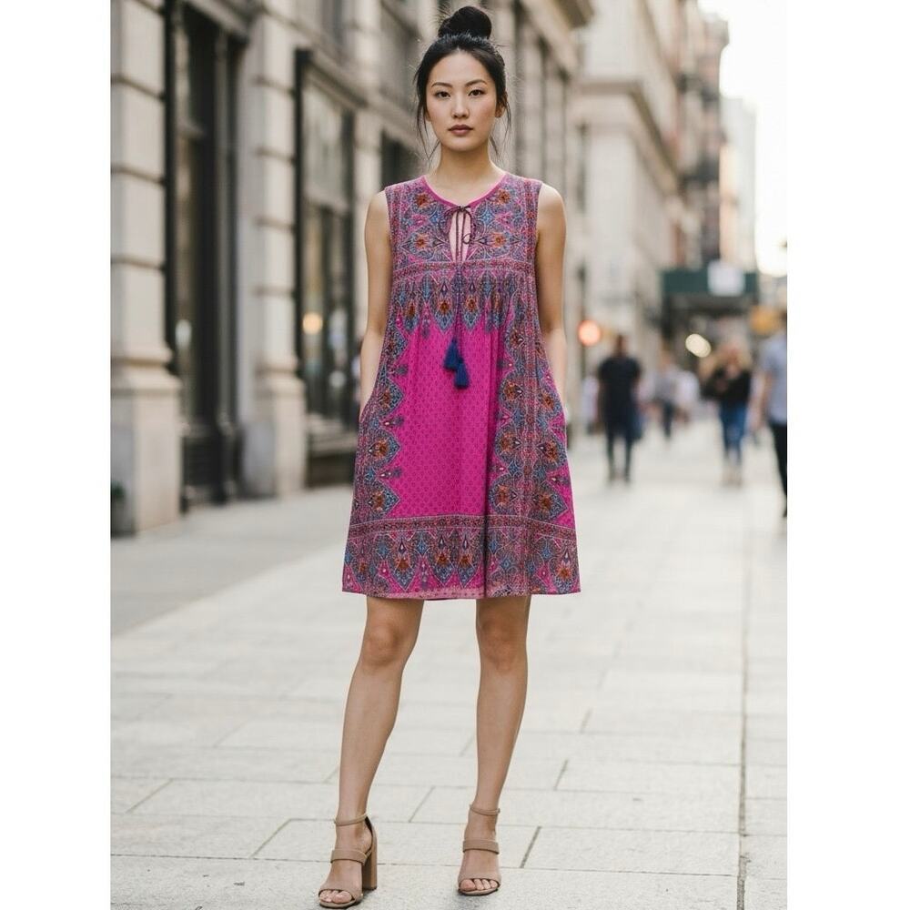 Uncle Frank Sleeveless Boho Shift Dress Medium Pink Paisley Tassel Tie